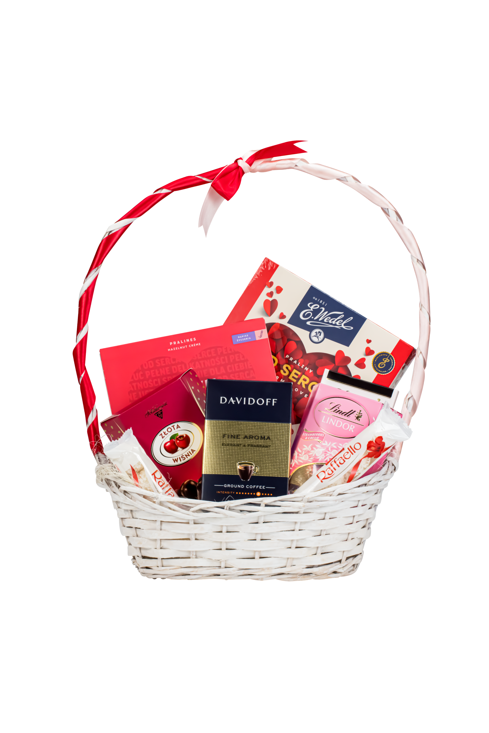 kosz prezentowy dla ukochanej z czekoladą Lindt z chili i pralinami Wedla