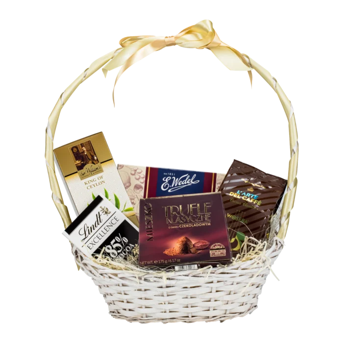 kosz prezentowy dla mężczyzny z kawą Woseba, herbatą King of Ceylon i czekoladą Lindt 85%